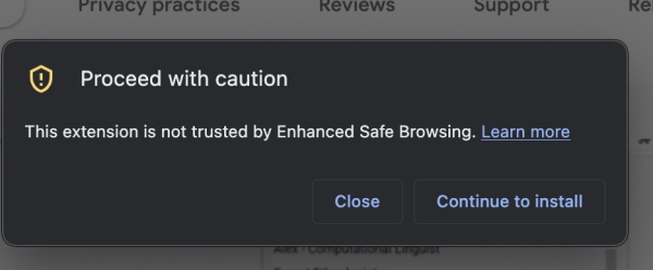 This extension is not trusted by Enhanced Safe Browsing